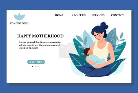 Illustration for Young woman holding baby. Concept of happy motherhood. Flat modern landing page, maternal and perinatal health. - Royalty Free Image