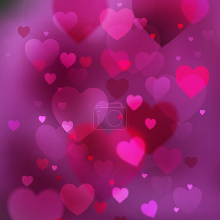 Illustration for Bright romantic background, a pattern of beautiful abstract hearts in purple, fuchsia and magenta colors. Dark colored background with light blurry spots, gradient. Perfect for any of your design. - Royalty Free Image