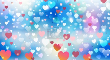 Photo for White and red hearts, sky blue background with gentle clouds. Vector illustration. Excellent as a background for the production of any printed product, advertising, or other design. - Royalty Free Image