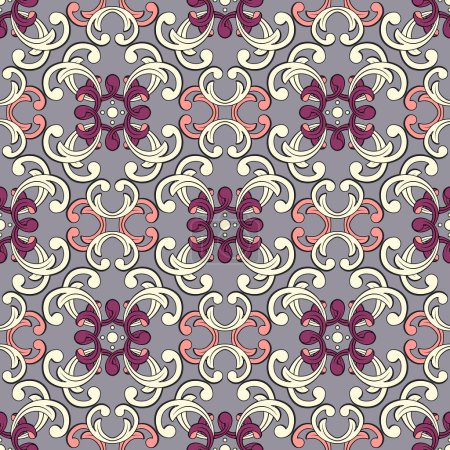 Photo for Abstract floral seamless print, geometric chrysanthemums in oriental style. Tiles of stylized light flowers with a purple core, gray background. Ideal for any of your design or project. - Royalty Free Image