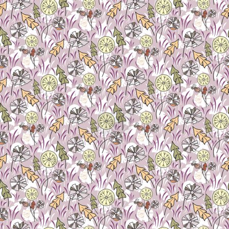 Illustration for Seamless dandelion print. Spring pattern of colorful flowers, purple grass and white shadow in the background. Great for decorating fabrics, textiles, gift wrapping design, any printed materials. - Royalty Free Image