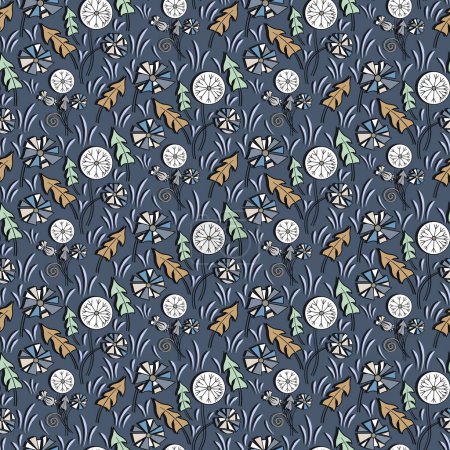 Illustration for Seamless pattern of abstract dandelions. Dark floral print. Vintage background of colored flowers on marengo color background. Ideal for any your bold design or advertising project. - Royalty Free Image
