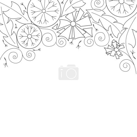 Illustration for Horizontal border, floral arch of dandelions. Black and white contour line art, vector stylization. Excellent as a background for the production of any printed product, advertising, or other design. - Royalty Free Image