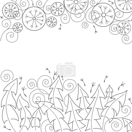 Illustration for Beautiful floral background from abstract flowers. Vector line art. Stylized dandelions with leaves and curls. Great for coloring pages or any other creative project. - Royalty Free Image