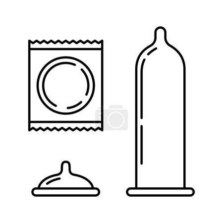 Ilustración de Vector linear condom icons. Isolated outline packaging and opened contraception on white background - Imagen libre de derechos