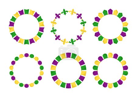 Illustration for Vector Mardi Gras round garland frames. Purple, green and yellow flags in circles with empty space on white - Royalty Free Image