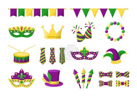 Ilustración de Vector Mardi Gras cartoon elements collection. Isolated New Orlean's Carnival elements in purple, green and yellow colors - Imagen libre de derechos