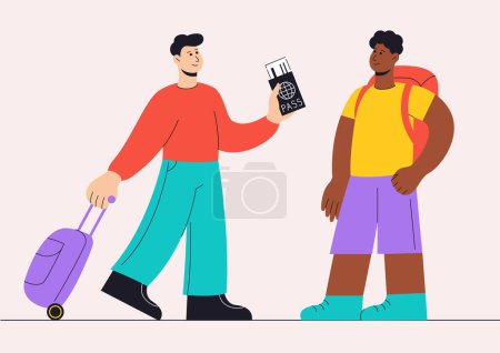 Illustration for Tourists with luggage vector illustration. Modern characters in airport with suitcase, packpack and passport - Royalty Free Image