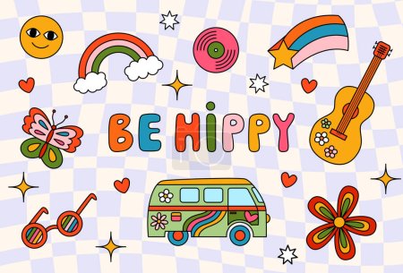 Be Hippy vector cartoon collection of stickers in 70s style. Isolated retro icons on groovy checkered background