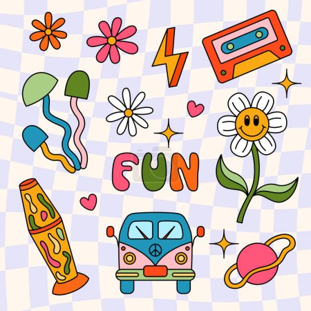 Téléchargez les illustrations : Vector retro stickers isolated on groovy background. 70s style cartoon pictures and letter - en licence libre de droit