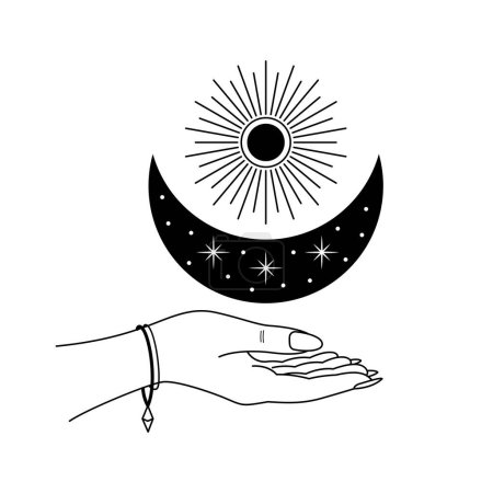 Vector linear esoteric illustration with hand holding Moon and Sun isolated on white
