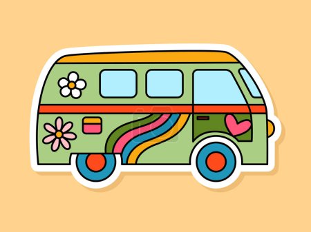 Illustration for Vector Retro Hippie Van sticker isolated on yellow background. 70s style cartoon camper with rainbow and flowers and white contour - Royalty Free Image