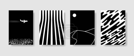 Abstract vector black and white posters with lines and spots. Set of simple colorless bauhaus style banners on gray