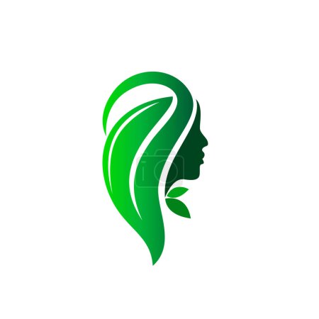 Téléchargez les photos : Abstraite femmes tête avec cheveux vert feuille nature logo modèle illustration - en image libre de droit