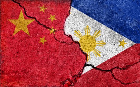 Conflict between China and the Philippines (cracked concrete background) 