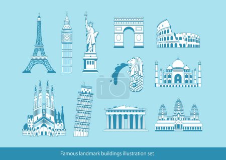 Bâtiments de renommée mondiale ensemble d'illustration vectorielle (patrimoine mondial) Statue de la liberté, Tour Eiffel, Sagrada Familia etc.