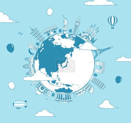 Ilustración de Ilustración del vector circular del viaje del mundo (edificios famosos del mundo / patrimonio de mundo) / tierra - Imagen libre de derechos