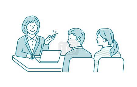 Téléchargez les illustrations : Vector illustration of a meeting between a female salesperson and a customer (couple) - en licence libre de droit