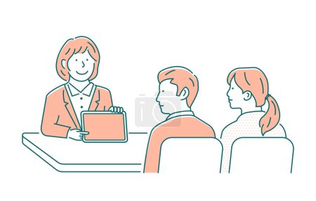 Téléchargez les illustrations : Vector illustration of a meeting between a female salesperson and a customer (couple) | using a tablet - en licence libre de droit