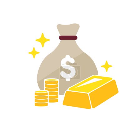Ilustración de Bolso de dinero y vector de oro icono ilustración (Dólar estadounidense ) - Imagen libre de derechos