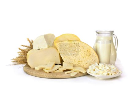 Cheese, milk, wheat and barley on wooden board on a white a background with space for text