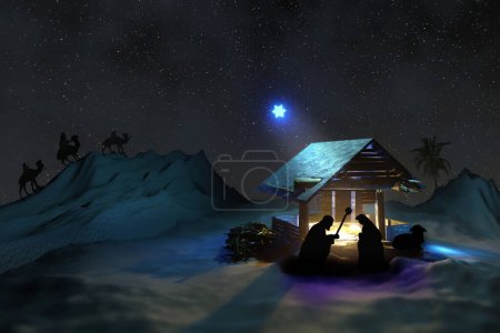 Belén de Navidad con el Niño Jesús en el pesebre, María y José y tres sabios en camellos. Ilustración de representación 3D.