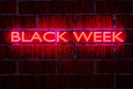 Concepto Viernes Negro. Banner de texto de Neon Black Week sobre fondo de pared de ladrillo oscuro grunge.