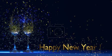 Photo for Happy New Year banner with two glasses of champagne. 3D render illustration. - Royalty Free Image
