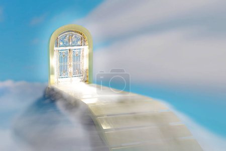Himmelstor mit goldener Treppe und Tür in den blauen Himmel mit weißen Wolken. 3D-Darstellung.