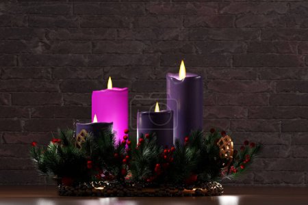 Adviento - Religión cristiana. Corona de Navidad con velas y decoraciones. Ilustración de representación 3D.