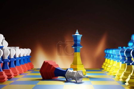 Ukraine flag Russia flag on chess pieces. Political conflict, war and Ukraine victory concept. 3D render illustration.