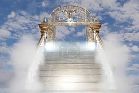Téléchargez les photos : La porte du paradis. Escaliers vers le ciel. Illustration de rendu 3D. - en image libre de droit