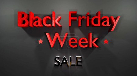 Black Friday Week Fondo de venta. Cartel publicitario con texto rojo sobre negro. Ilustración de representación 3D.