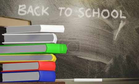 Photo for Back to school concept with text on blackboard, chalk and stack of books on a table in classroom. 3D rendering illustration. - Royalty Free Image