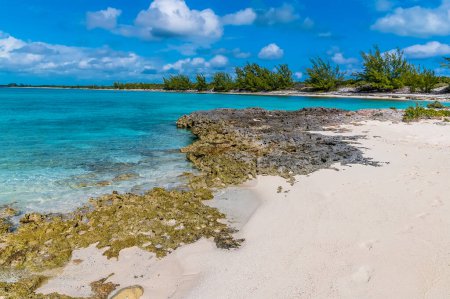 Foto de A view of the rocky shoreline and reef in a deserted bay on the island of Eleuthera, Bahamas on a bright sunny day - Imagen libre de derechos