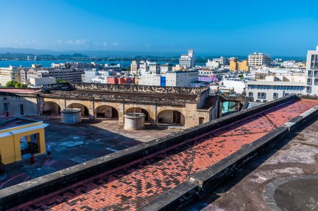 Photo for A view from the upper battlements of the Castle of San Cristobal over San Juan, Puerto Rico on a bright sunny day - Royalty Free Image