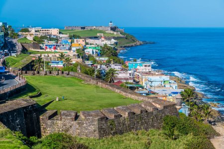 Photo for A view west over the battlements of the Castle of San Cristobal in San Juan, Puerto Rico on a bright sunny day - Royalty Free Image
