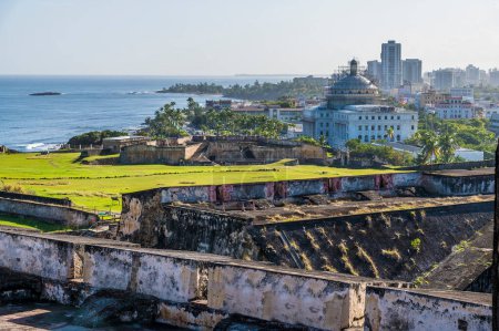 Photo for A view east along the coast from the battlements of the Castle of San Cristobal in San Juan, Puerto Rico on a bright sunny day - Royalty Free Image