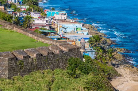 Photo for A view of the lower battlements of the Castle of San Cristobal along the coast in San Juan, Puerto Rico on a bright sunny day - Royalty Free Image