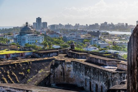 Photo for A view east from the battlements of the Castle of San Cristobal over San Juan, Puerto Rico on a bright sunny day - Royalty Free Image