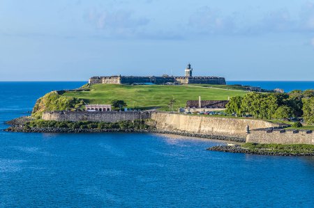 Photo for A view towards the fort at the harbour entrance in San Juan, Puerto Rico on a bright sunny day - Royalty Free Image