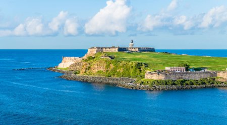 Photo for A view towards the harbour entrance and fortifications in San Juan, Puerto Rico on a bright sunny day - Royalty Free Image