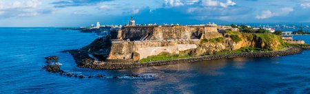 Photo for A panorama view of the fortifications approaching the harbour entrance in San Juan, Puerto Rico on a bright sunny day - Royalty Free Image