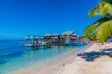 Téléchargez les photos : Une vue le long de la rive à West Bay sur l'île Roatan par une journée ensoleillée - en image libre de droit