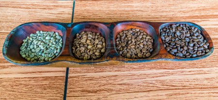 Téléchargez les photos : Une vue du haut vers le bas des grains de café séchés, torréfiés légers, moyennement torréfiés et torréfiés foncés à La Fortuna, Costa Rica pendant la saison sèche - en image libre de droit