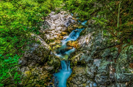Foto de Una vista de larga exposición sobre un arroyo que conduce desde la cascada de Savica alimentando el lago Bohinj, Eslovenia en verano - Imagen libre de derechos