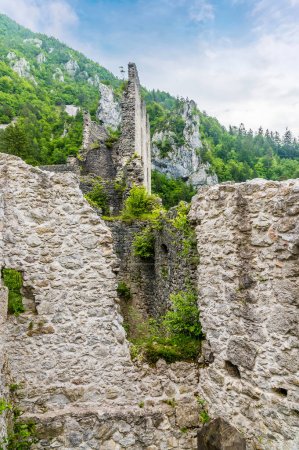 Téléchargez les photos : Une vue à travers les ruines du château de pierre à la périphérie de la ville de Begunje na Gorenjskem, Slovénie en été - en image libre de droit
