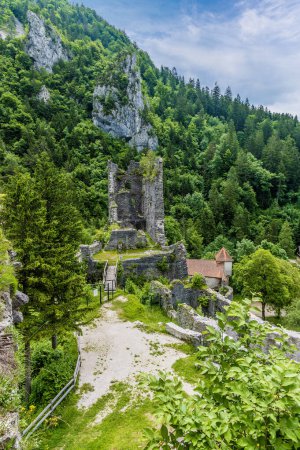 Téléchargez les photos : Une vue du donjon à travers les ruines du château de pierre à la périphérie de la ville de Begunje na Gorenjskem, Slovénie en été - en image libre de droit