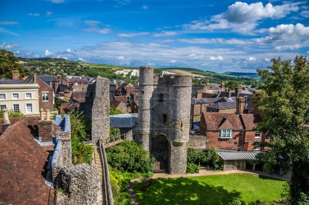 Photo for A view towards the barbican and town from the upper levels of the castle keep in Lewes, Sussex, UK in summertime - Royalty Free Image