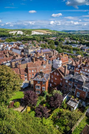 Photo for A view south over the High Street from the ramparts of the castle keep in Lewes, Sussex, UK in summertime - Royalty Free Image